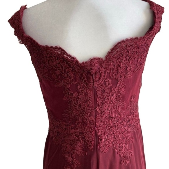 Long Burgundy Lace Off The Shoulder Prom Dress - Picture 5 of 6